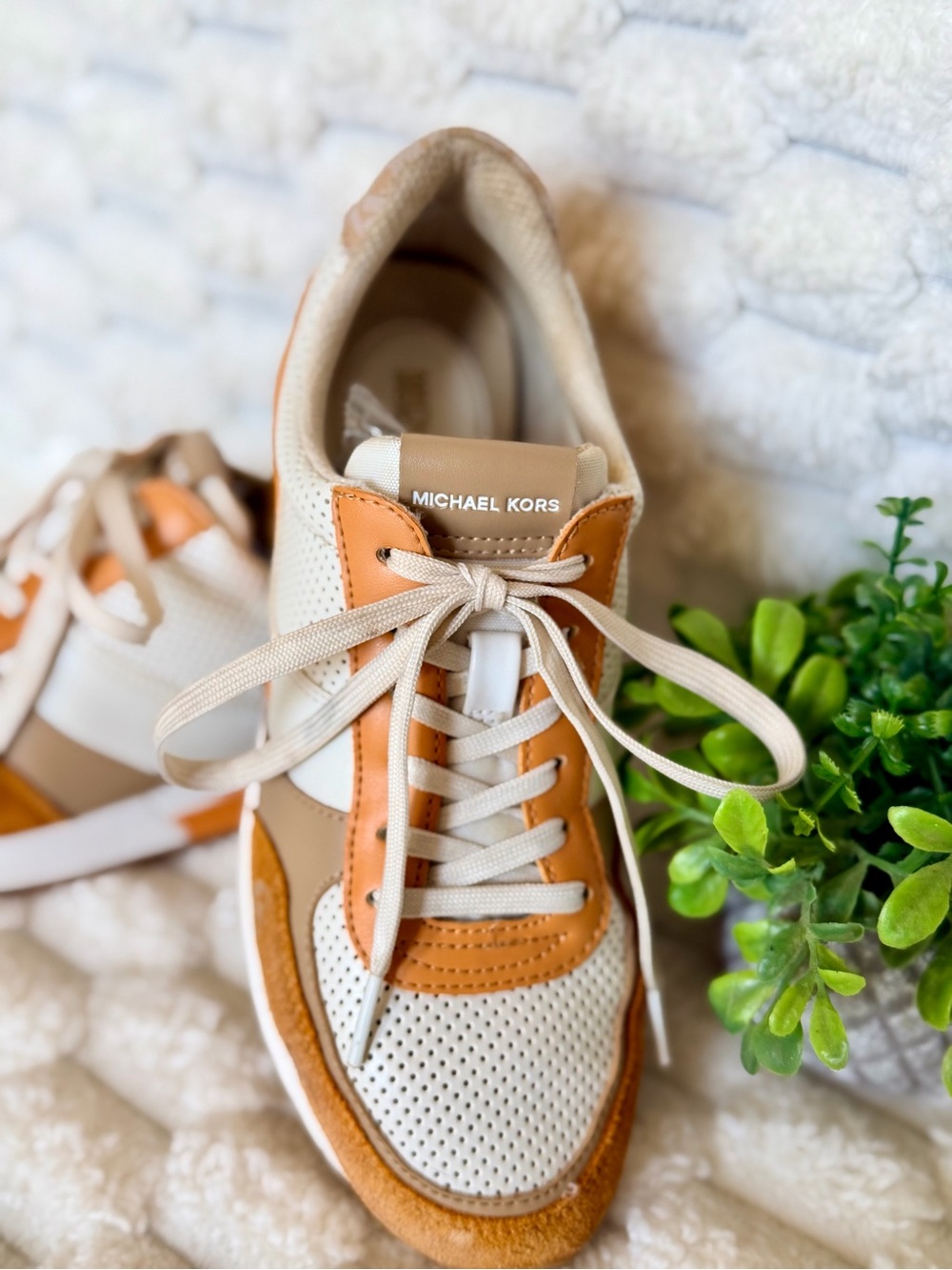 Michael Kors Women's Cream and Tan Leather Perforated Lace-Up Sneakers